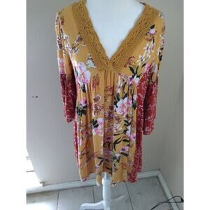 Umgee Dress Mini Yellow Embroidered Floral Sz S Boho Fairy Beach Festival